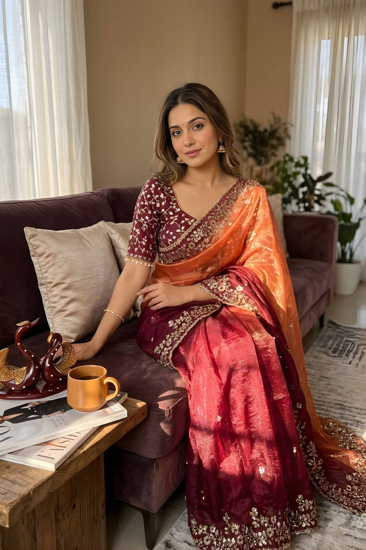 Wine Copper Designer Silk Saree with Heavy Embroidered Border