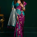 Luxury Purple Soft Silk Saree with Teal Contrast Border