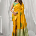 Mustard Yellow Kanjivaram Silk Saree Green Zari Border Traditional Wear Saree