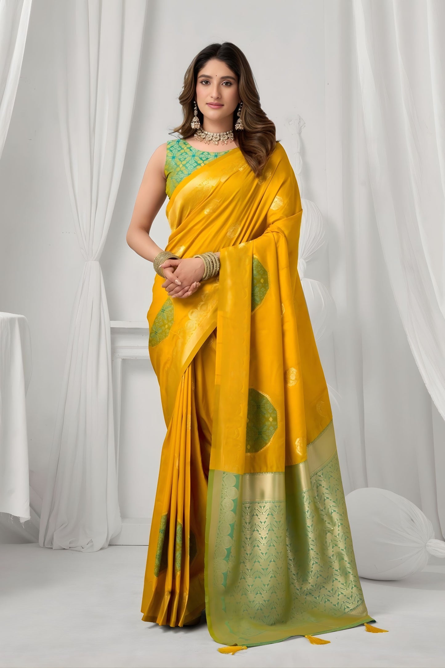 Mustard Yellow Kanjivaram Silk Saree Green Zari Border Traditional Wear Saree