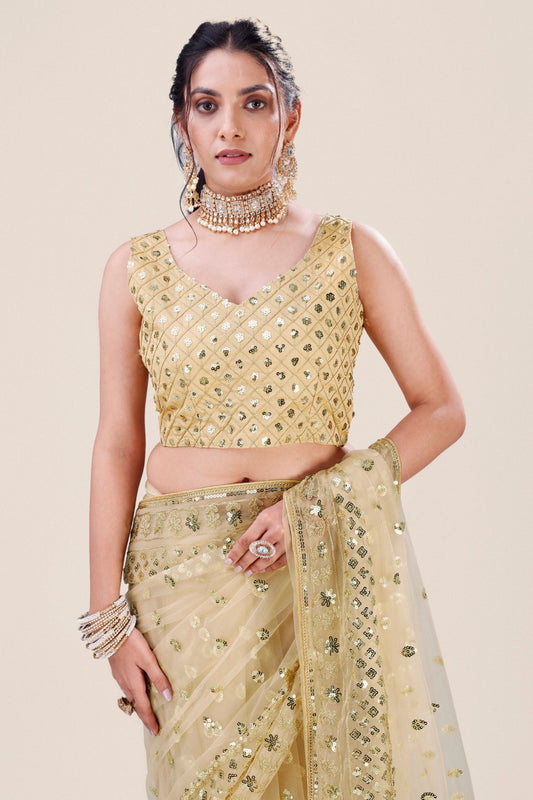 Cream Gold Net Saree Heavy Sequins Embroidery Work Designer Blouse