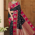 Black Rani Pink Banarasi Silk Saree Gold Zari Peacock Motifs Saree