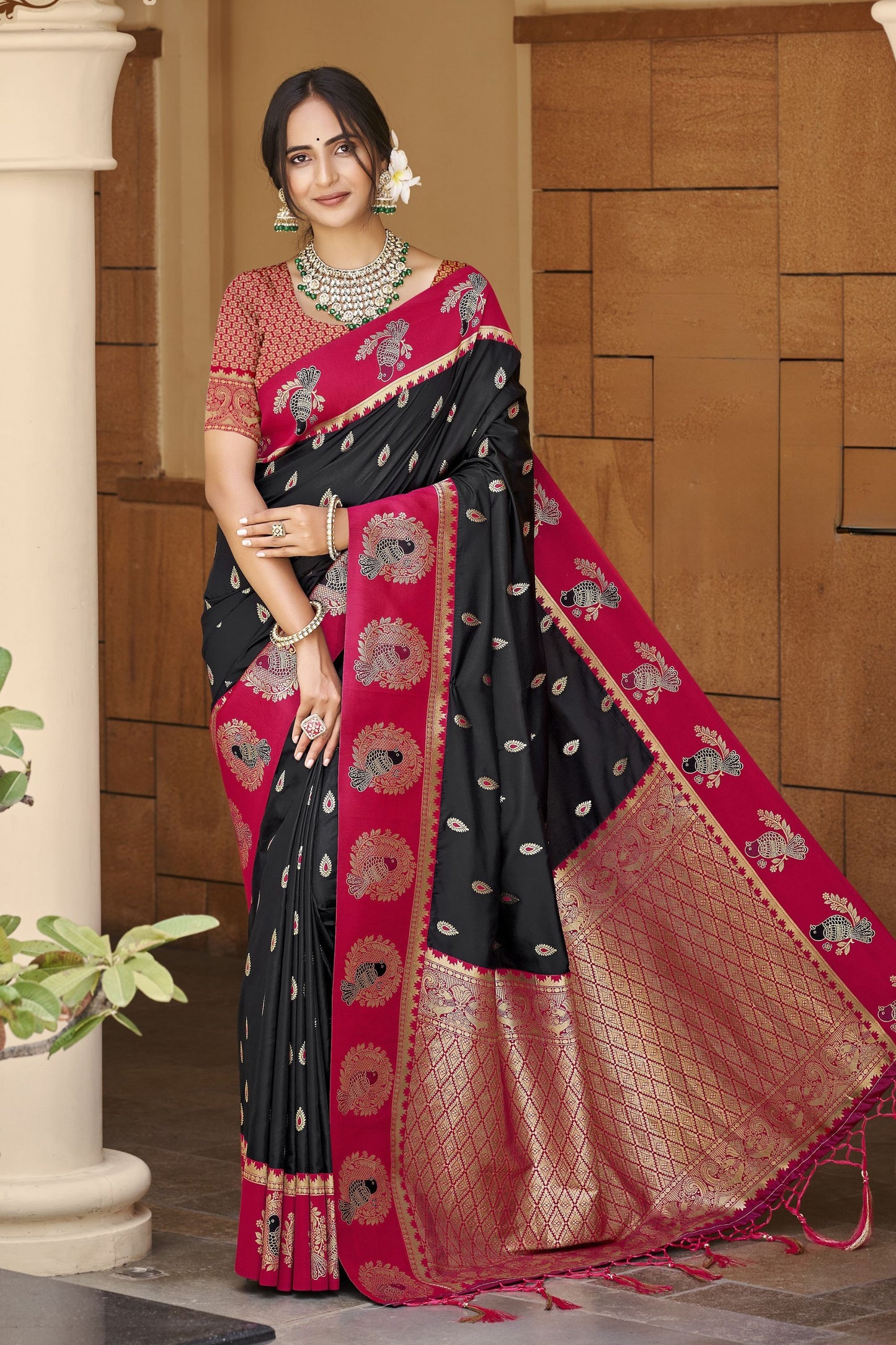 Black Rani Pink Banarasi Silk Saree Gold Zari Peacock Motifs Saree