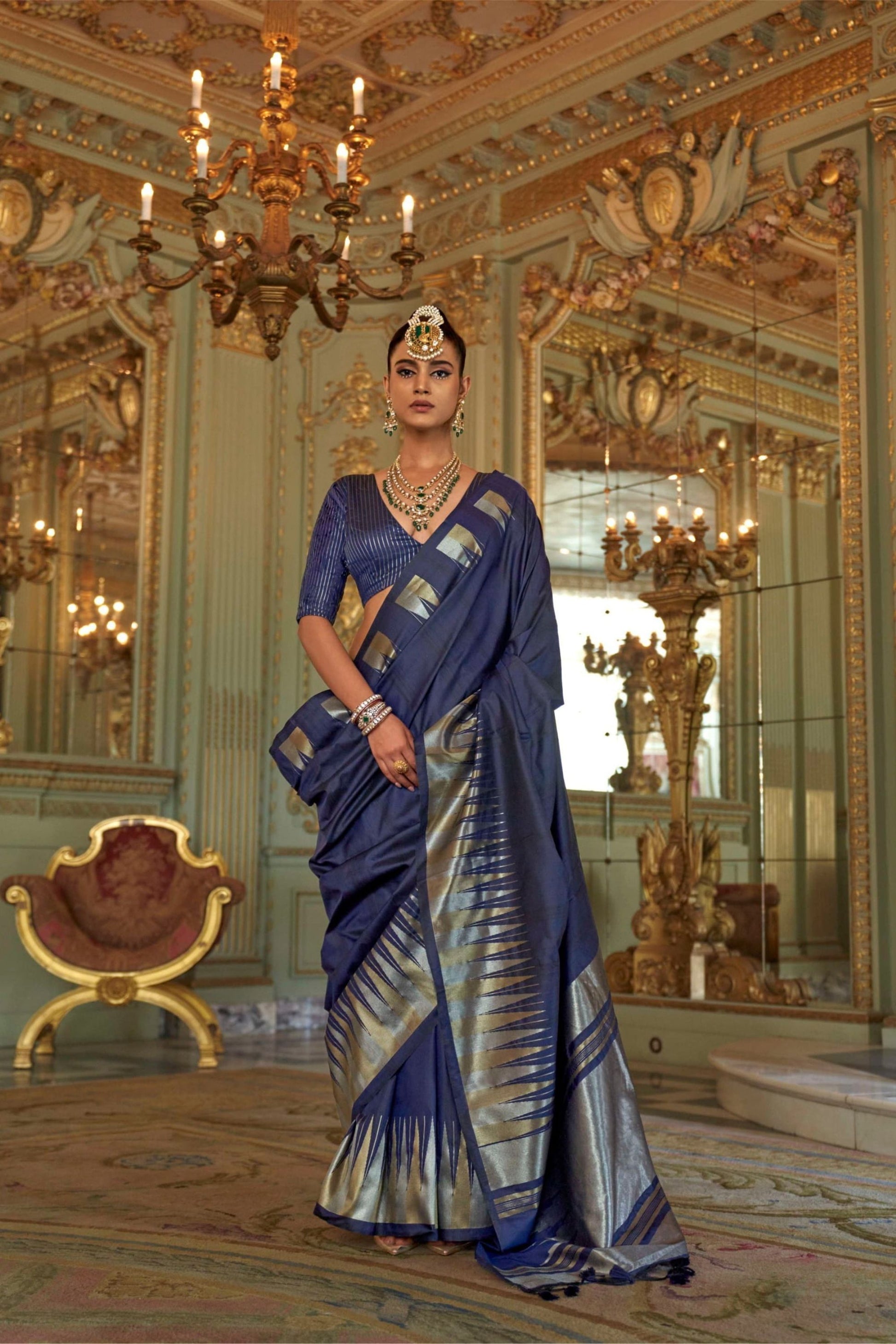 Royal Navy Blue Silk Saree with Metallic Zari  Festive Wear Saree