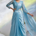 Sky Blue Ready to Wear Designer Saree with Embroidered Blouse