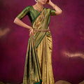 Gold Green Kanjivaram Silk Saree with Traditional Zari Border