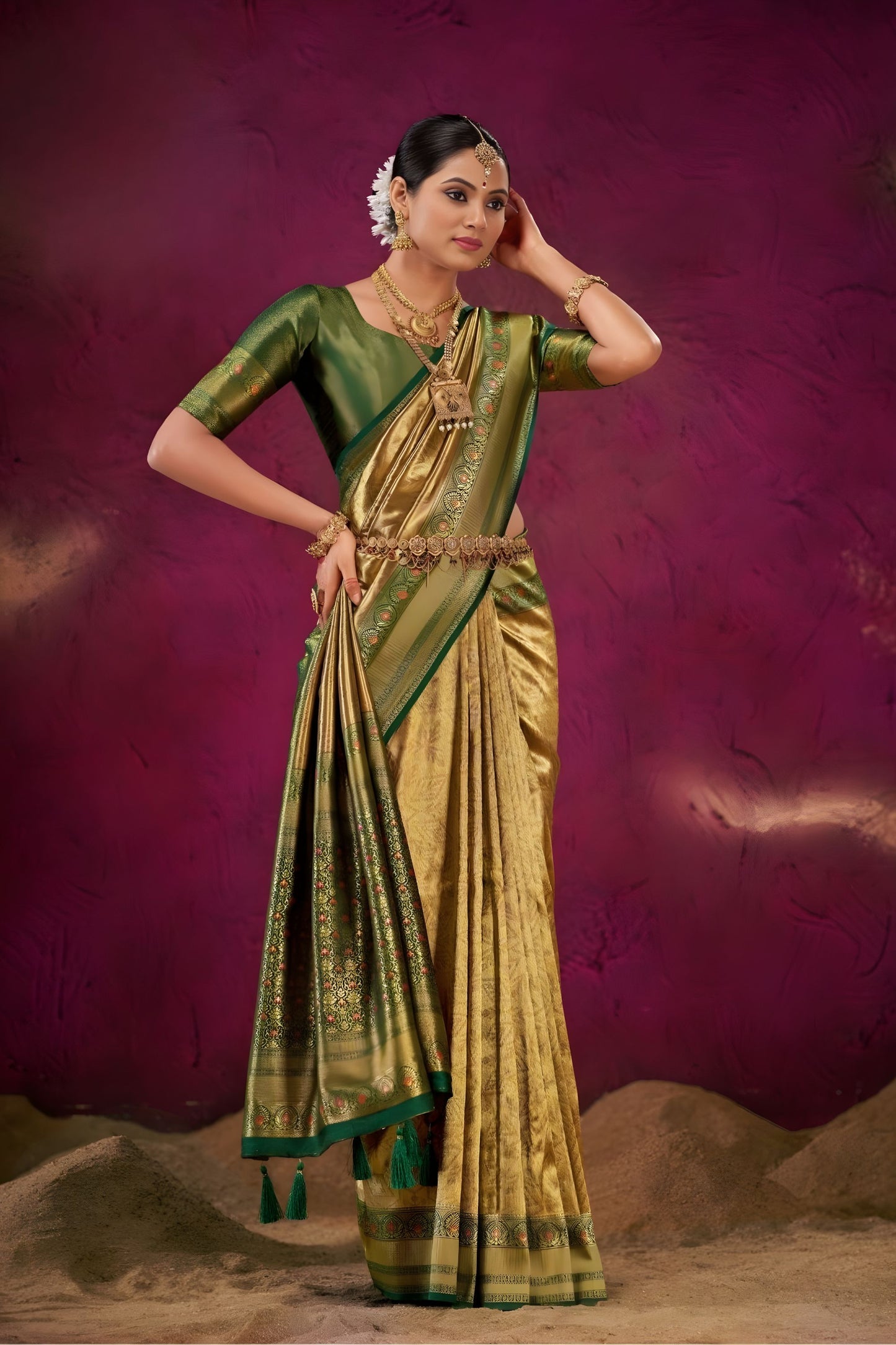 Gold Green Kanjivaram Silk Saree with Traditional Zari Border