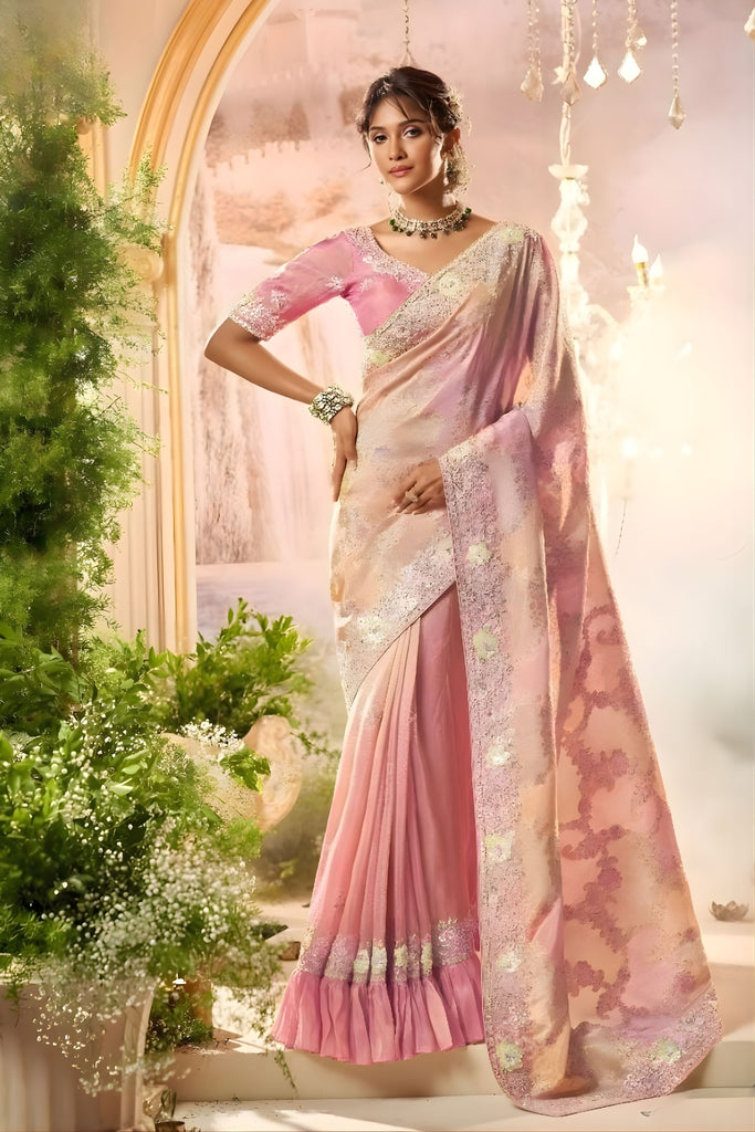 Blush Pink Silk Saree Shimmer Embroidered Border Designer Blouse