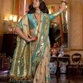 Light Gold Banarasi Silk Saree Teal Green Border Zari Buti Work Traditional Wear
