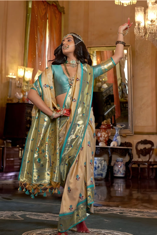 Light Gold Banarasi Silk Saree Teal Green Border Zari Buti Work Traditional Wear