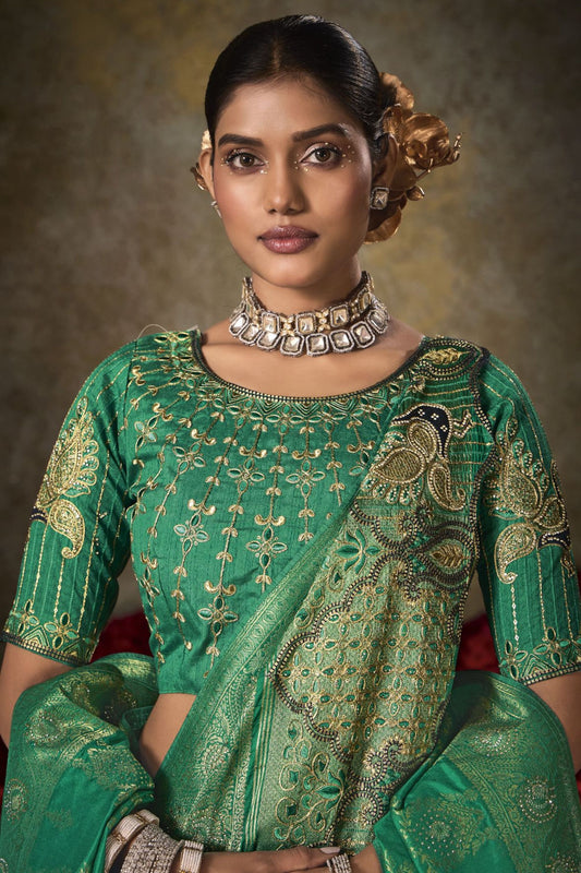 Royal Green Banarasi Silk Saree Heavy Zari Weaving Embroidered Blouse
