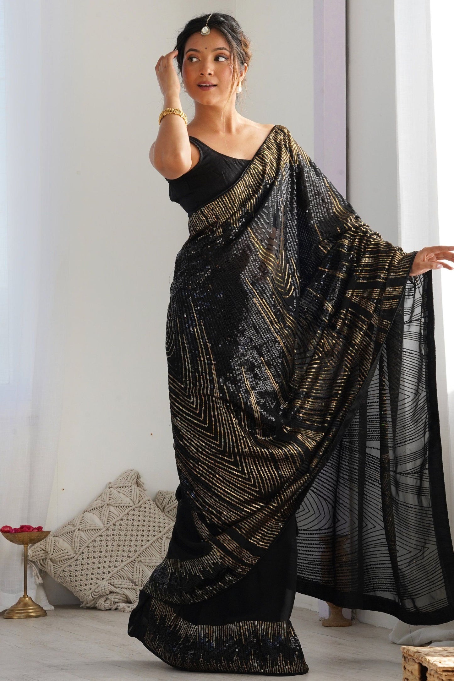 Designer Black Saree with Gold Party Wear Georgette Saree