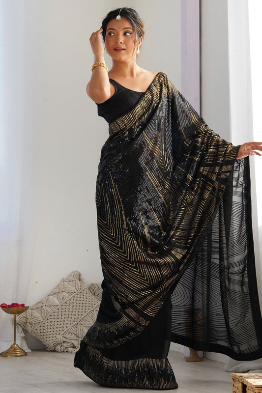 Designer Black Saree with Gold Party Wear Georgette Saree