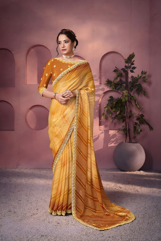 Mustard Yellow Designer Saree Embellished Border Festive Wear Saree