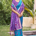 Teal Blue Purple Silk Blend Saree with Traditional Woven Border