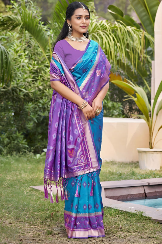 Teal Blue Purple Silk Blend Saree with Traditional Woven Border