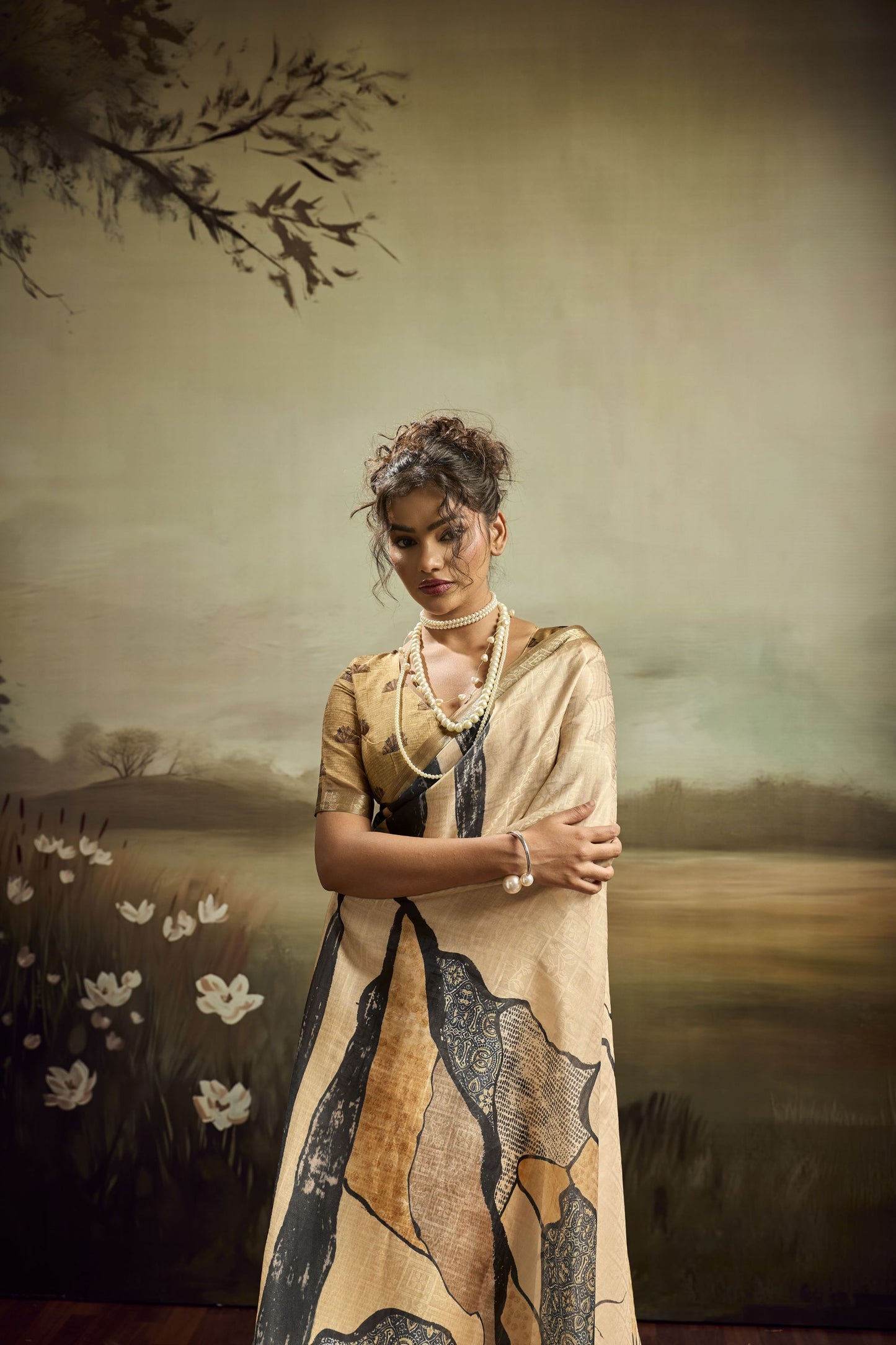 Beige Linen Silk Saree with Abstract Digital Print Designer Tassel Pallu