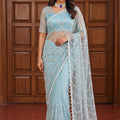 Sky Blue Sequins Embroidered Net Saree with Designer Blouse
