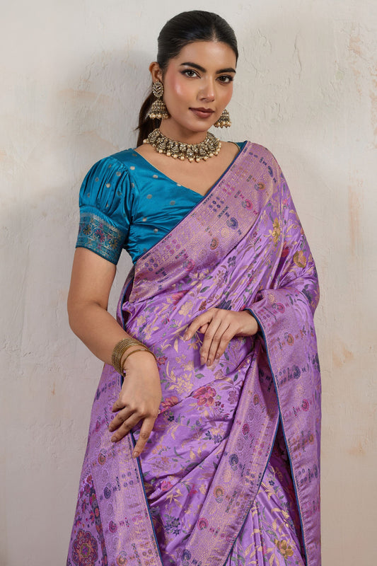 Lavender Banarasi Silk Saree with Rich Zari Floral Weaving Border