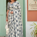 Off White Grey Checked Cotton Saree Woven Border and Designer Pallu