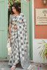 Off White Grey Checked Cotton Saree Woven Border and Designer Pallu