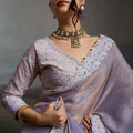 Designer Lavender Silk Saree with Floral Lace Border Party  Wear