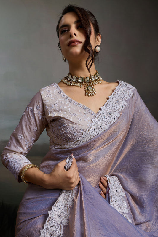 Designer Lavender Silk Saree with Floral Lace Border Party  Wear