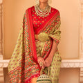 Cream Red Patola Print Silk Saree Traditional Gujarati Designer Border