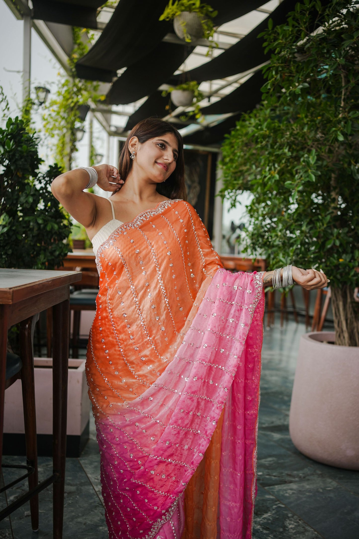 Orange Pink Ombre Sequins Saree Pink Border Designer Party Wear