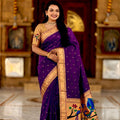 Deep Purple Cotton Silk Saree Golden Border Peacock Floral Designer Pallu