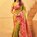  Olive Green Silk Saree with Pink Contrast Border Floral Zari Work