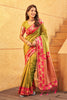  Olive Green Silk Saree with Pink Contrast Border Floral Zari Work