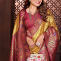 Golden Kanjivaram Silk Saree with Rich Pink Zari Weaving Border