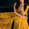 Mustard Yellow Soft Silk Saree with Floral Embroidery Gold Zari Border
