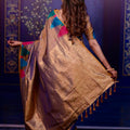 Golden Beige Soft Silk Saree with Multicolor Temple Border Design
