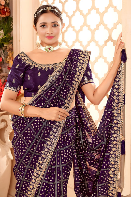 Purple Embroidered Designer Saree with Sequins Work Heavy Border
