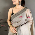 Grey Linen Cotton Saree Floral Hand Block Print Traditional Border