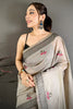 Grey Linen Cotton Saree Floral Hand Block Print Traditional Border