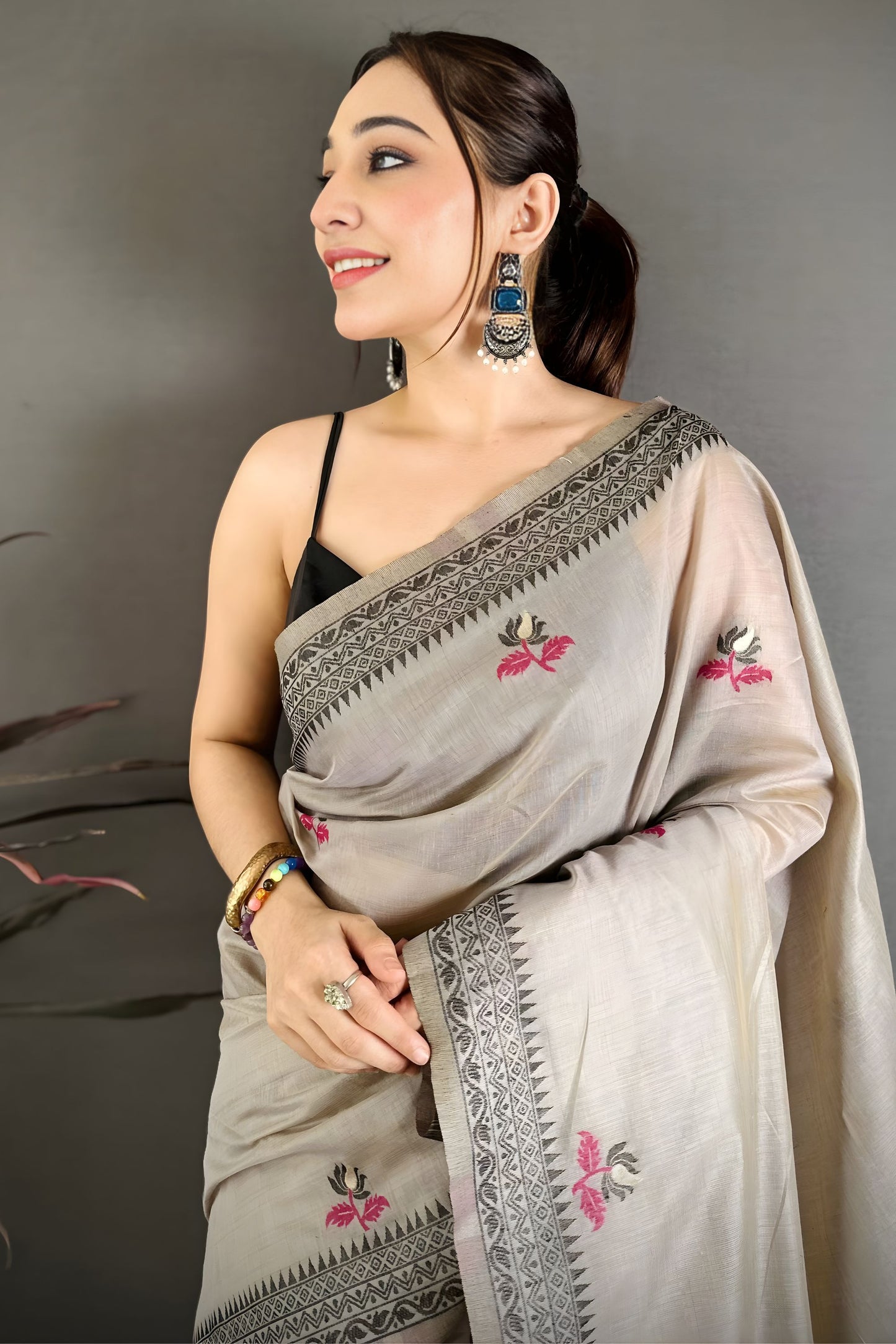 Grey Linen Cotton Saree Floral Hand Block Print Traditional Border