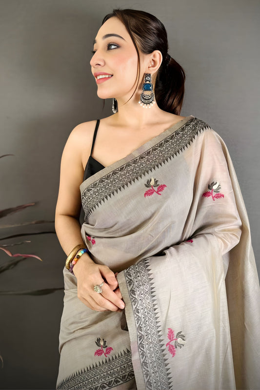 Grey Linen Cotton Saree Floral Hand Block Print Traditional Border