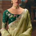 Pista Green Designer Saree with Floral Border Contrast Blouse