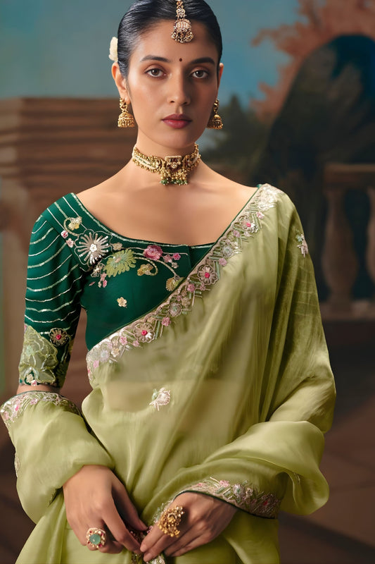 Pista Green Designer Saree with Floral Border Contrast Blouse