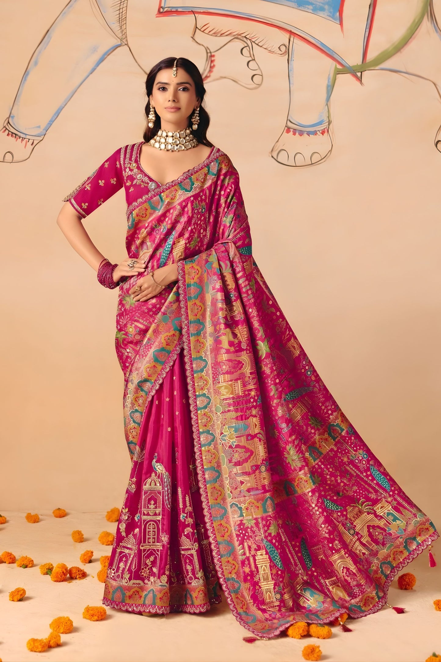 Rani Pink Paithani Silk Saree Traditional Multicolor Zari Weaving Saree 