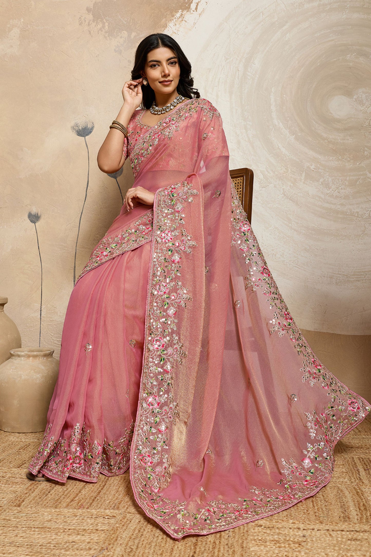 Pink Embroidered Organza Saree Floral Handwork Designer Blouse