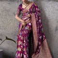 Magenta Banarasi Silk Saree Gold Zari Border Floral Weaving Saree