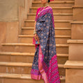 Navy Blue and Rani Pink Printed Linen Silk Saree Designer Border