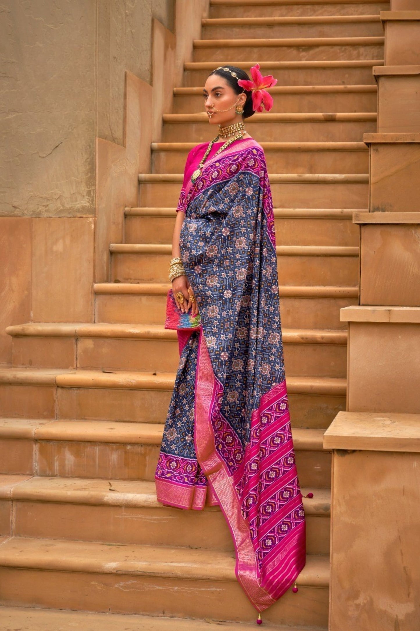 Navy Blue and Rani Pink Printed Linen Silk Saree Designer Border