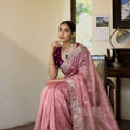 Pink Embroidered Satin Silk Saree with Designer Floral Border
