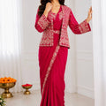 Rani Pink Designer Saree Heavy Embroidered Jacket Golden Border