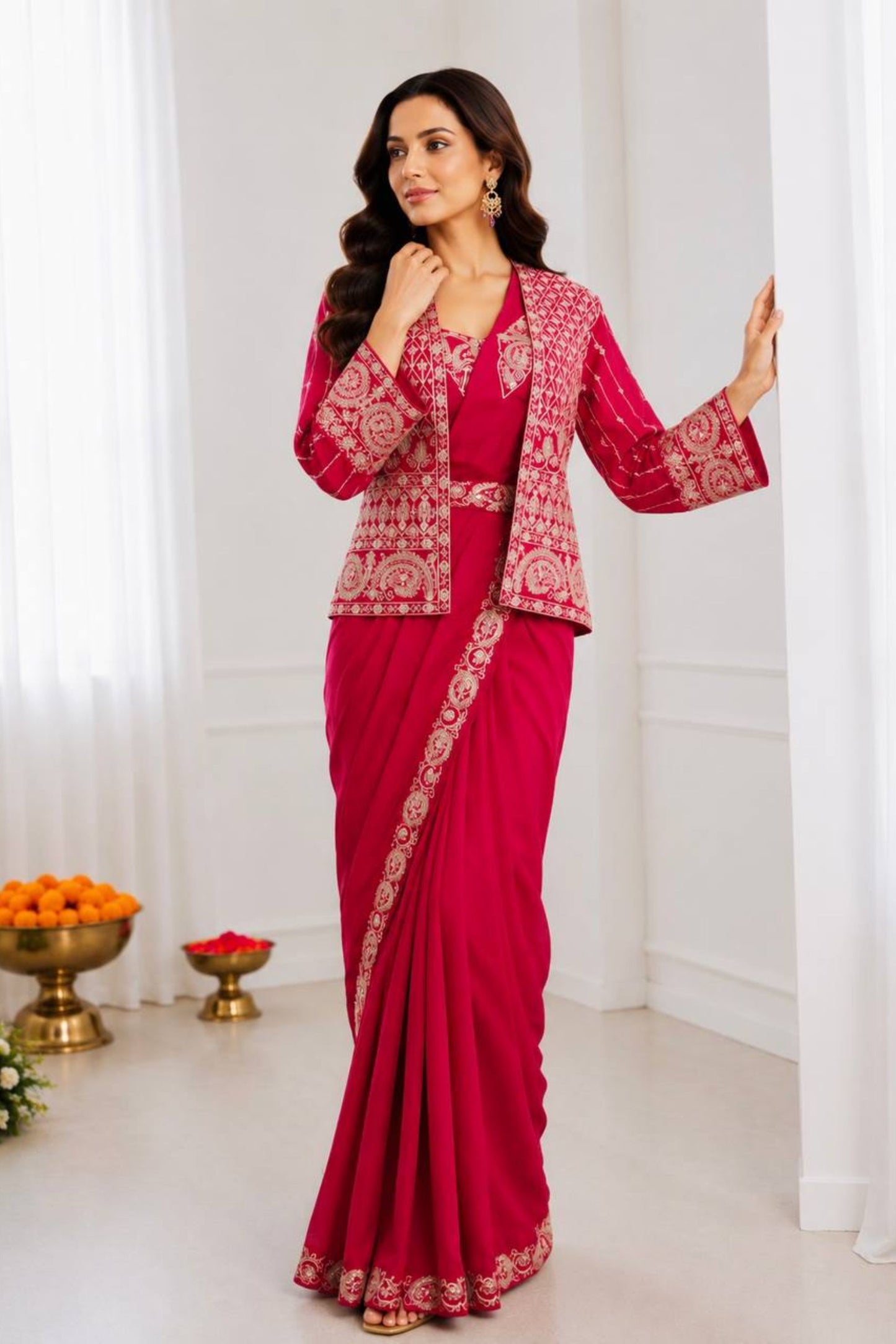 Rani Pink Designer Saree Heavy Embroidered Jacket Golden Border